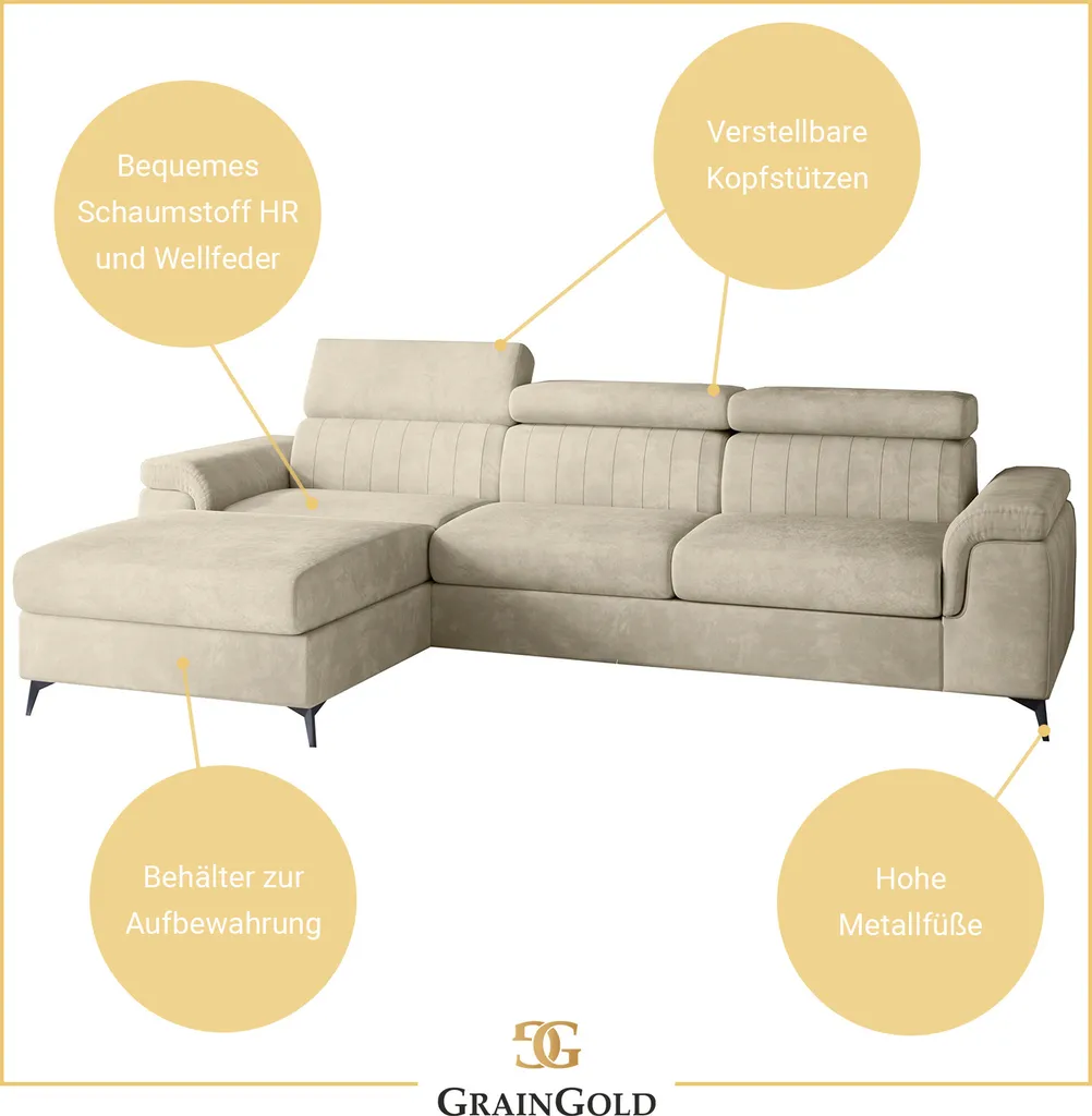 GRAINGOLD Ecksofa Dubai - Eckcouch In L-form Mit Schlaffunktion Und Bettkasten - Ottomane Rechts Freistehend - Beige 4 GRAINGOLD Ecksofa Dubai - Eckcouch In L-form Mit Schlaffunktion Und Bettkasten - Ottomane Rechts Freistehend - Beige – Bild 4