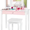 COSTWAY Kinder 2in1 Schminktisch Set Frisiertisch Mit Dreifach Klappbarem Spiegel Schublade Und Schminkhocker Weiß