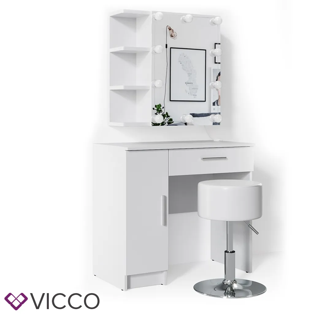 Vicco Schminktisch Fynnia Frisiertisch Kommode Frisierkommode Spiegel Weiß Inklusive Hocker Und LED-Lichterkette 2 Vicco Schminktisch Fynnia Frisiertisch Kommode Frisierkommode Spiegel Weiß Inklusive Hocker Und LED-Lichterkette – Bild 2