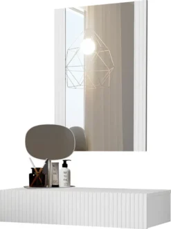 Mirjan24 Schminktisch Pafos Mit Schublade, Hängeschrank Und Spiegel, Fronten Gefräst (Farbe: Weiß)