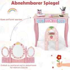 COSTWAY Kinder Schminktisch Set, Prinzessin Frisiertisch Mit Klappbarem Spiegel, Schminkhocker Und 3 Schubladen, Make-up Schminktisch Frisierkommode Für Kinder Mädchen (Pink) 10 COSTWAY Kinder Schminktisch Set, Prinzessin Frisiertisch Mit Klappbarem Spiegel, Schminkhocker Und 3 Schubladen, Make-up Schminktisch Frisierkommode Für Kinder Mädchen (Pink) -VIDAXL || HOMCOM Verkäufe efb66233c19e5e40501927bf5235a7c4