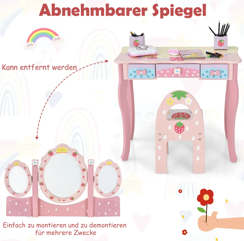 COSTWAY Kinder Schminktisch Set, Prinzessin Frisiertisch Mit Klappbarem Spiegel, Schminkhocker Und 3 Schubladen, Make-up Schminktisch Frisierkommode Für Kinder Mädchen (Pink) 5 COSTWAY Kinder Schminktisch Set, Prinzessin Frisiertisch Mit Klappbarem Spiegel, Schminkhocker Und 3 Schubladen, Make-up Schminktisch Frisierkommode Für Kinder Mädchen (Pink) – Bild 5