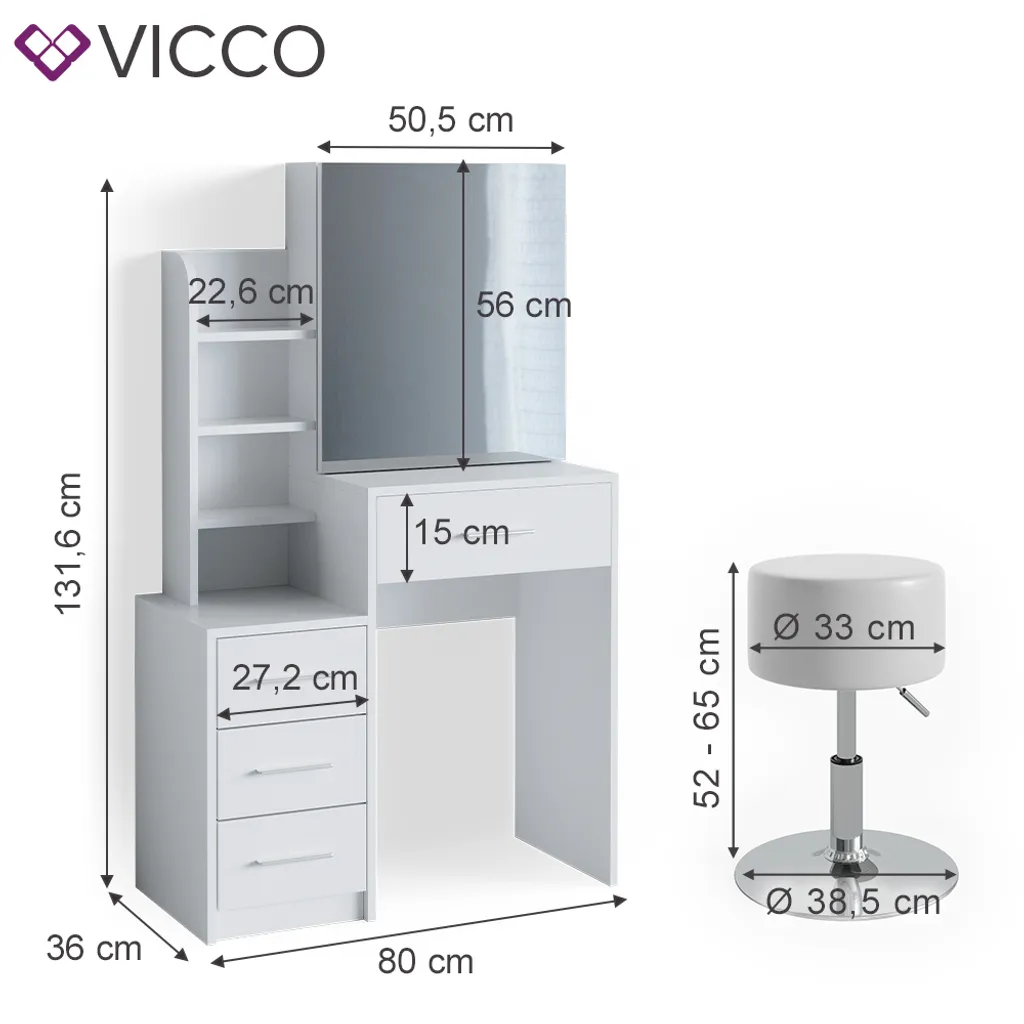 Vicco Schminktisch Frisiertisch Schminkkommode Conrada + Hocker Frisierkommode 3 Vicco Schminktisch Frisiertisch Schminkkommode Conrada + Hocker Frisierkommode – Bild 3