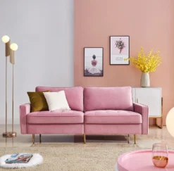Modern Samt Stoff Sofa 180cm - Rosa, Modern Velvet Fabric Sofa Mit 2 Dekorative Kissen