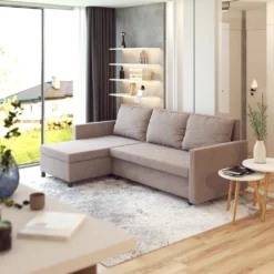 Selsey Ecksofa SELEFER Schlafsofa Mit Bettkasten Und Abnehmbaren Rückenkissen, Stoffbezug In Cappuccino, 216 Cm Breit