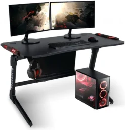 ELITE Gaming-Tisch Rocksolid Gamer-Schreibtisch Computertisch Carbon-Optik + LED (Schwarz)