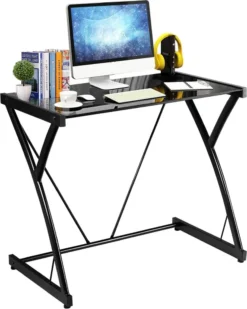COSTWAY Computertisch Schreibtisch Mit Gehärteter Glasplatte, Gamingtisch Z-förmige Eisengestell, Arbeitstisch PC Tisch Für Gaming Büro Studierzimmer, Schwarz